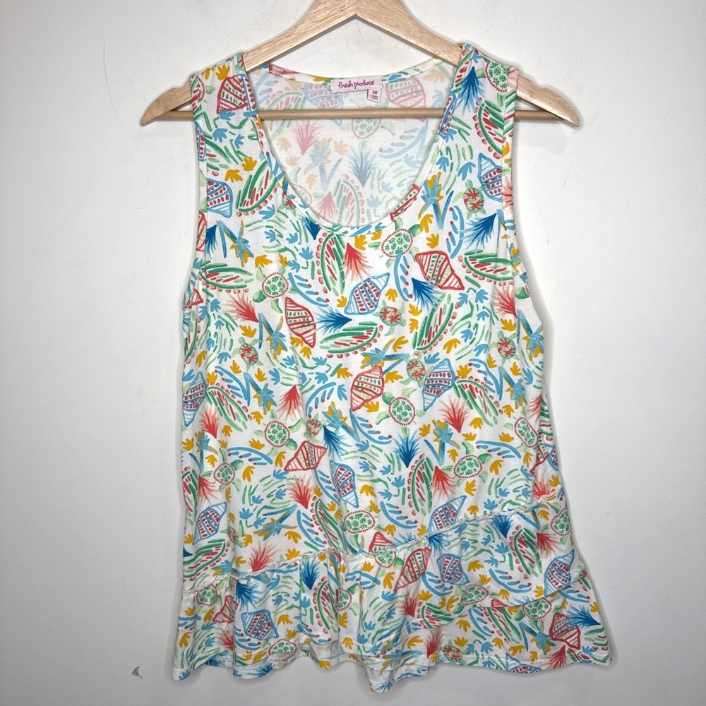 Fresh Produce Sleeveless Tank Top Tropical Sea Shell Beach Ruffle Turtle USA S